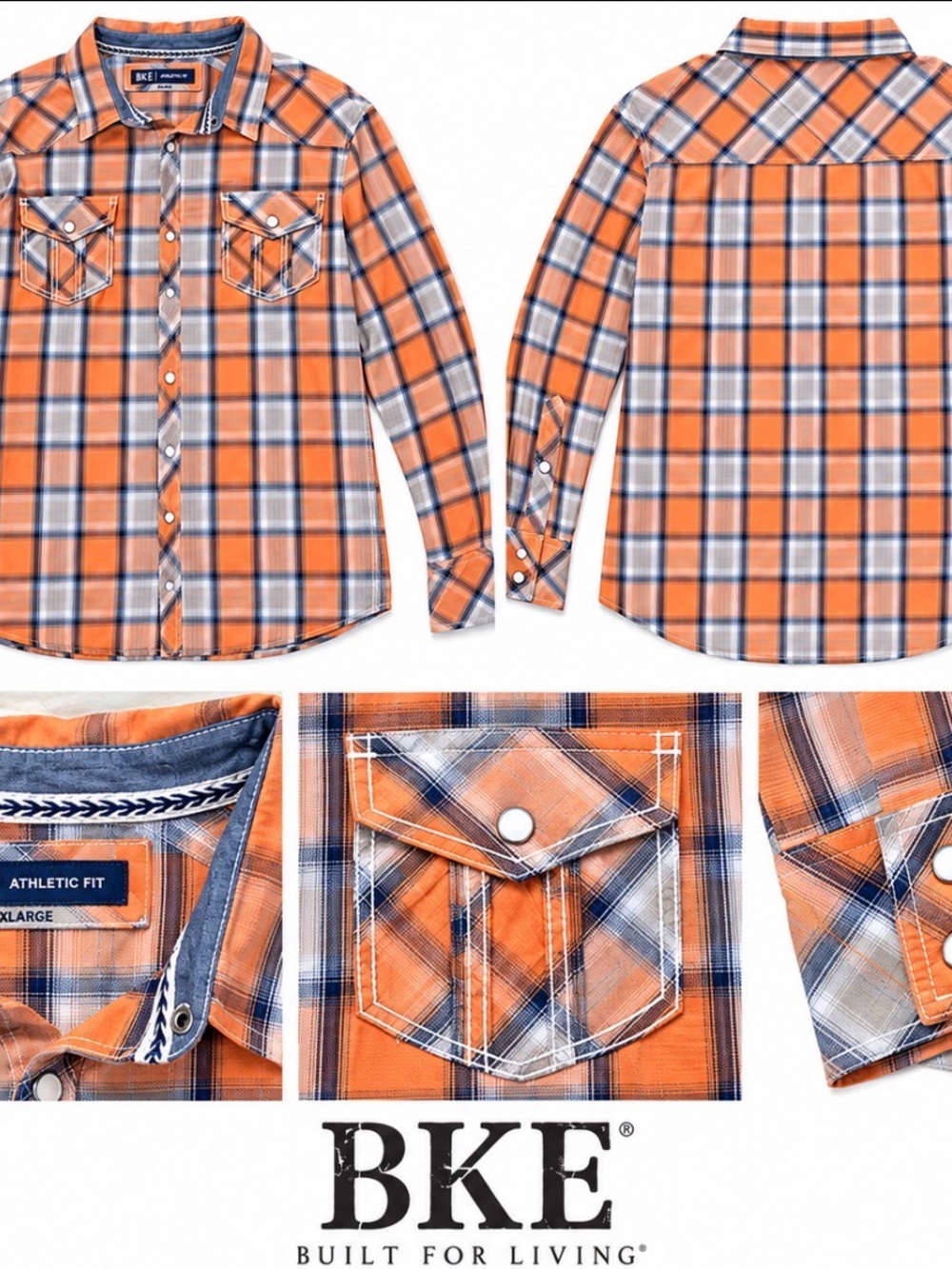 BKE Orange Navy White Plaid Long-Sleeve Button-Down Shirt